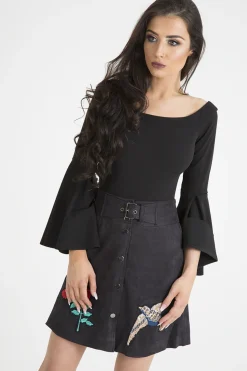 Rebellious Fashion Black Bardot Bell Sleeve Bodysuit - Evelyn