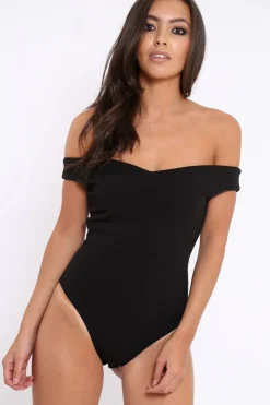 Rebellious Fashion Black Bardot Bodysuit with V dip front - Hettie