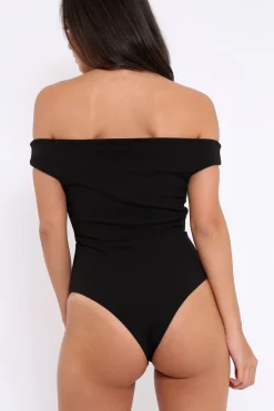 Rebellious Fashion Black Bardot Bodysuit with V dip front - Hettie