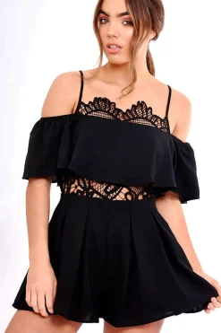 Rebellious Fashion Black Bardot Crochet Frill Playsuit - Jenner