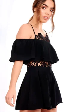 Rebellious Fashion Black Bardot Crochet Frill Playsuit - Jenner