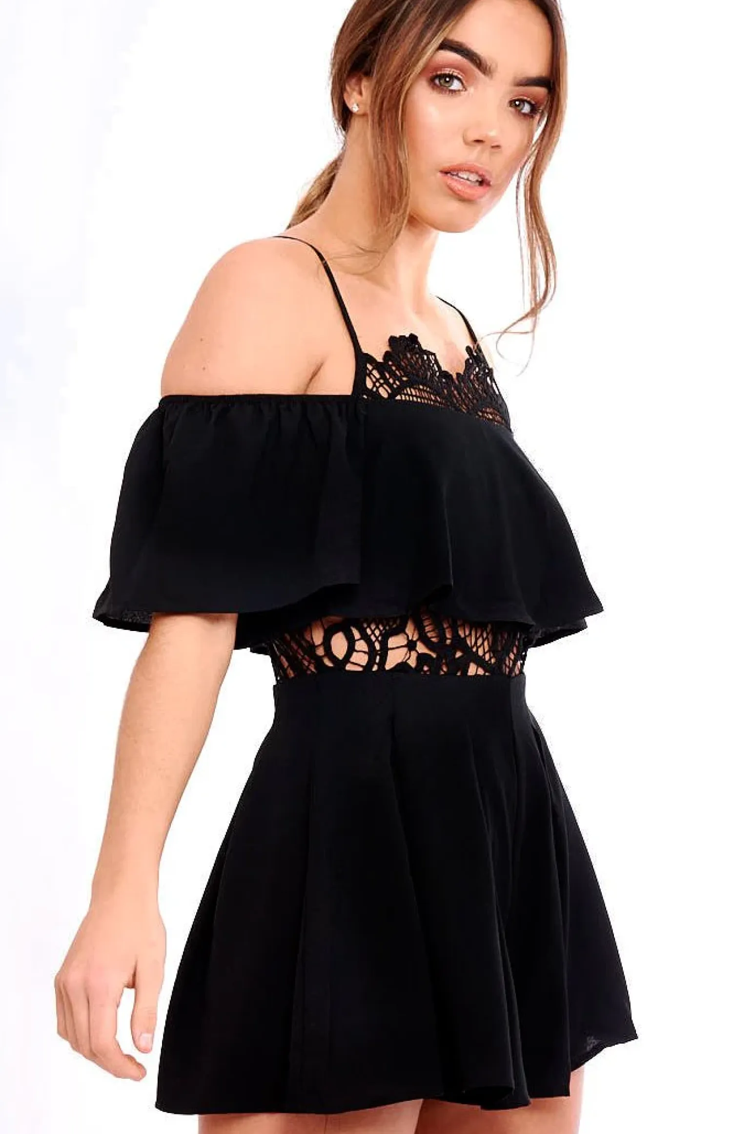 Rebellious Fashion Black Bardot Crochet Frill Playsuit - Jenner