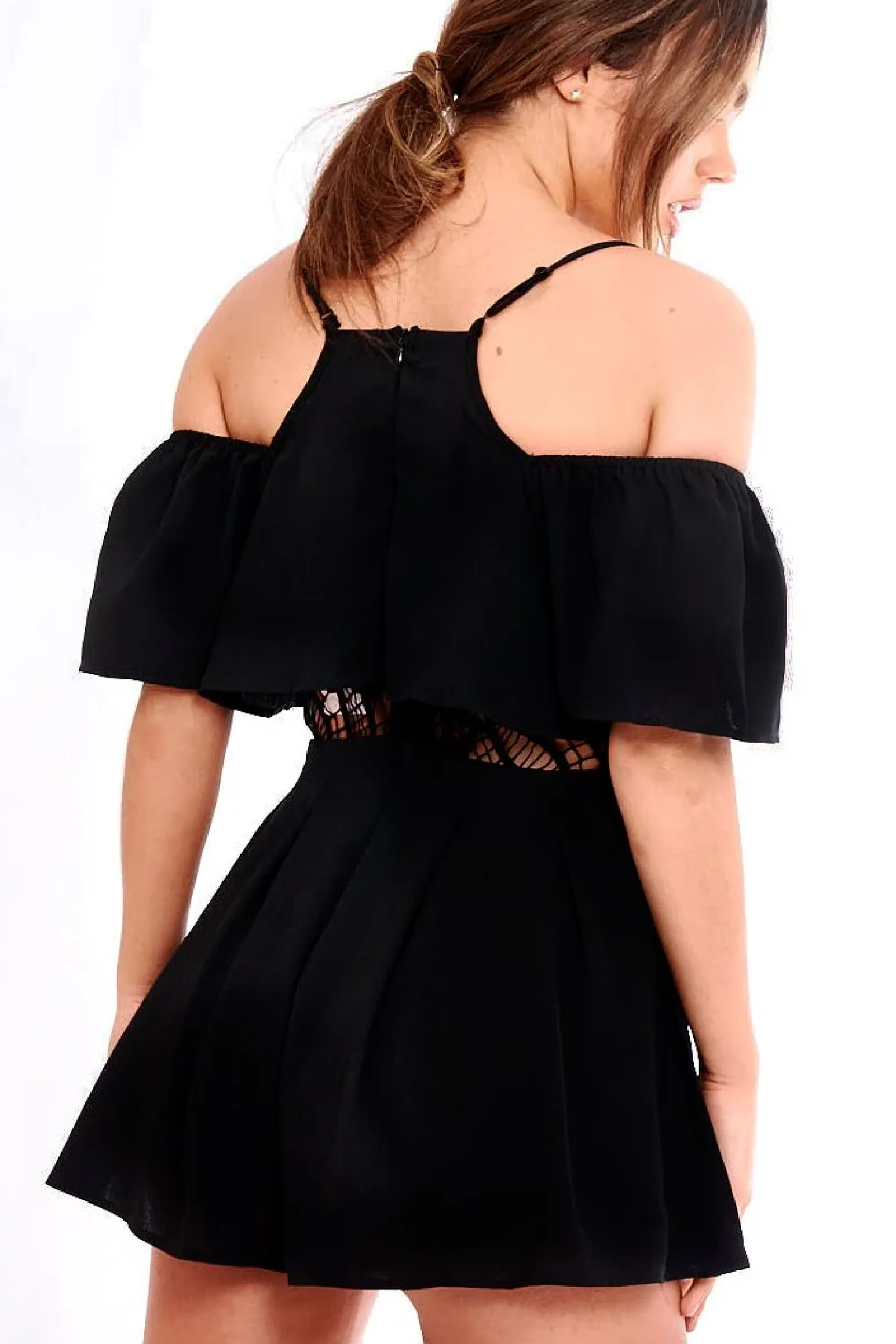 Rebellious Fashion Black Bardot Crochet Frill Playsuit - Jenner