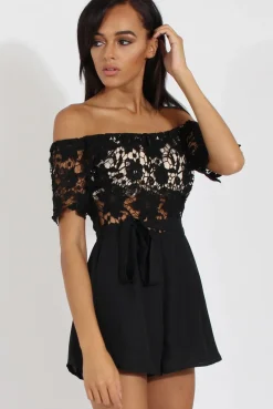 Rebellious Fashion Black Bardot Crochet Playsuit - Wynn