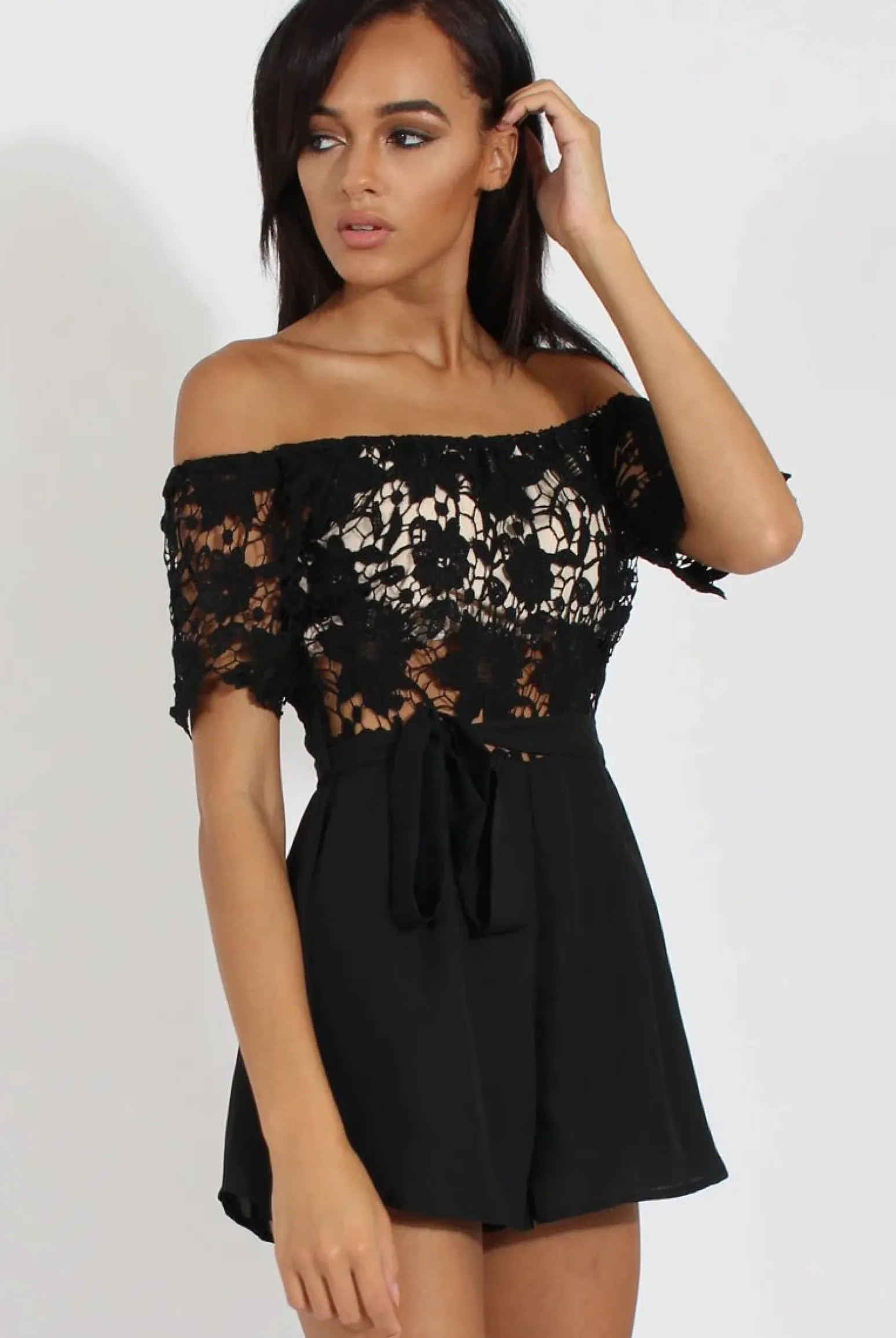 Rebellious Fashion Black Bardot Crochet Playsuit - Wynn