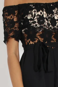 Rebellious Fashion Black Bardot Crochet Playsuit - Wynn