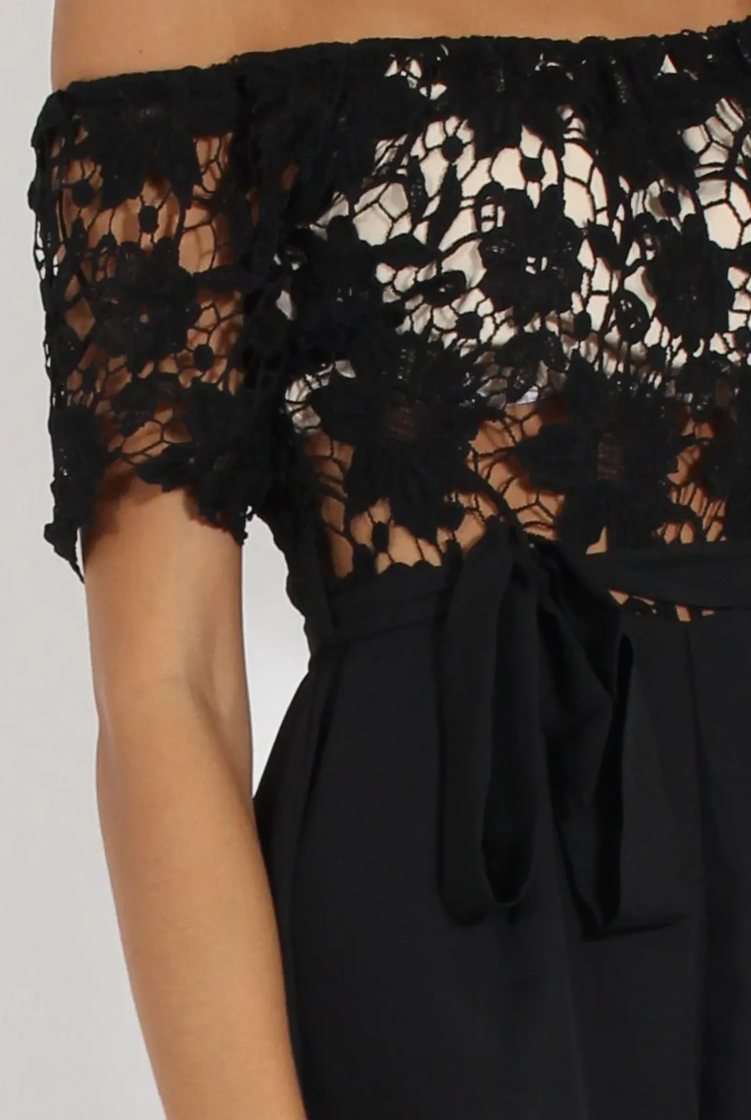 Rebellious Fashion Black Bardot Crochet Playsuit - Wynn