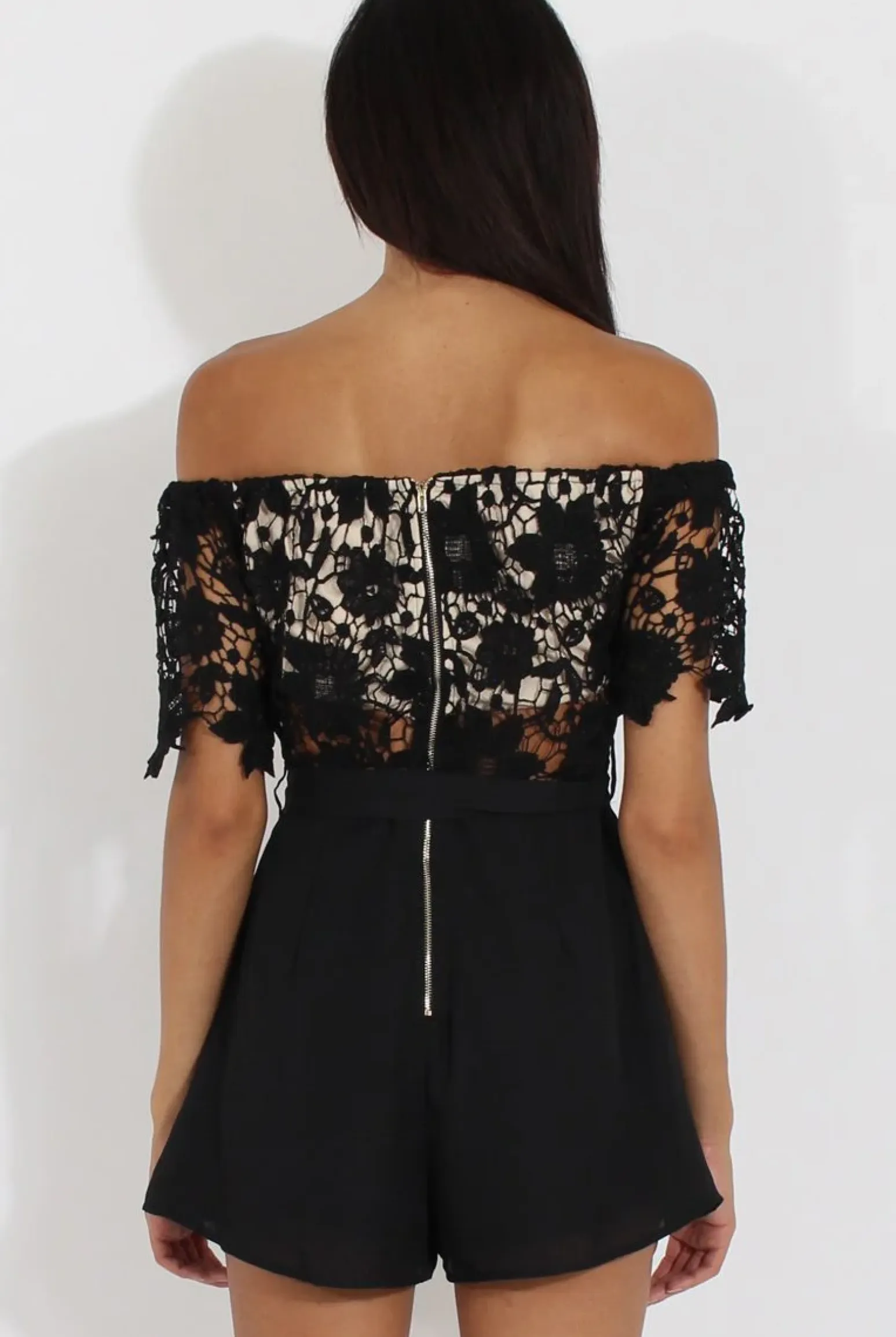 Rebellious Fashion Black Bardot Crochet Playsuit - Wynn
