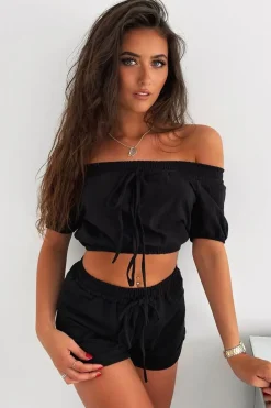 Rebellious Fashion Black Bardot Crop and Shorts Loungewear Co-ord - Jahari
