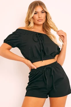 Rebellious Fashion Black Bardot Crop and Shorts Loungewear Co-ord - Jahari