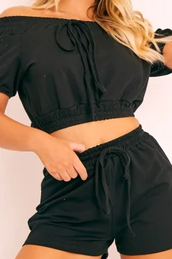 Rebellious Fashion Black Bardot Crop and Shorts Loungewear Co-ord - Jahari