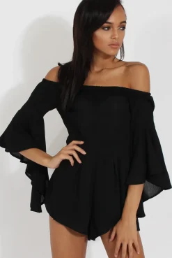 Rebellious Fashion Black Bardot Cropped Bell Sleeve Playsuit - Fabiana