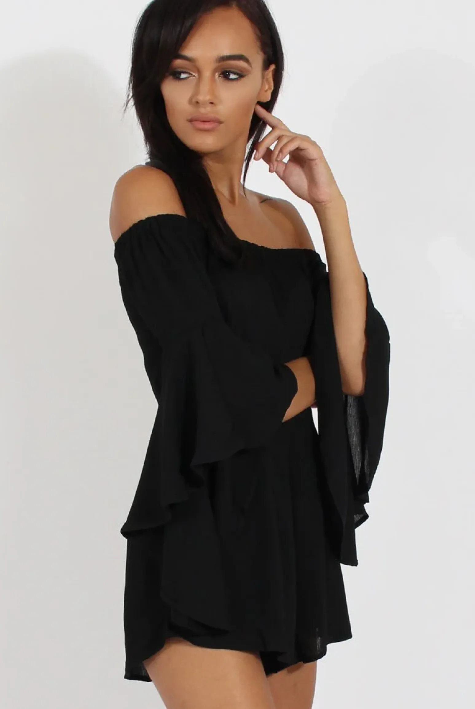 Rebellious Fashion Black Bardot Cropped Bell Sleeve Playsuit - Fabiana