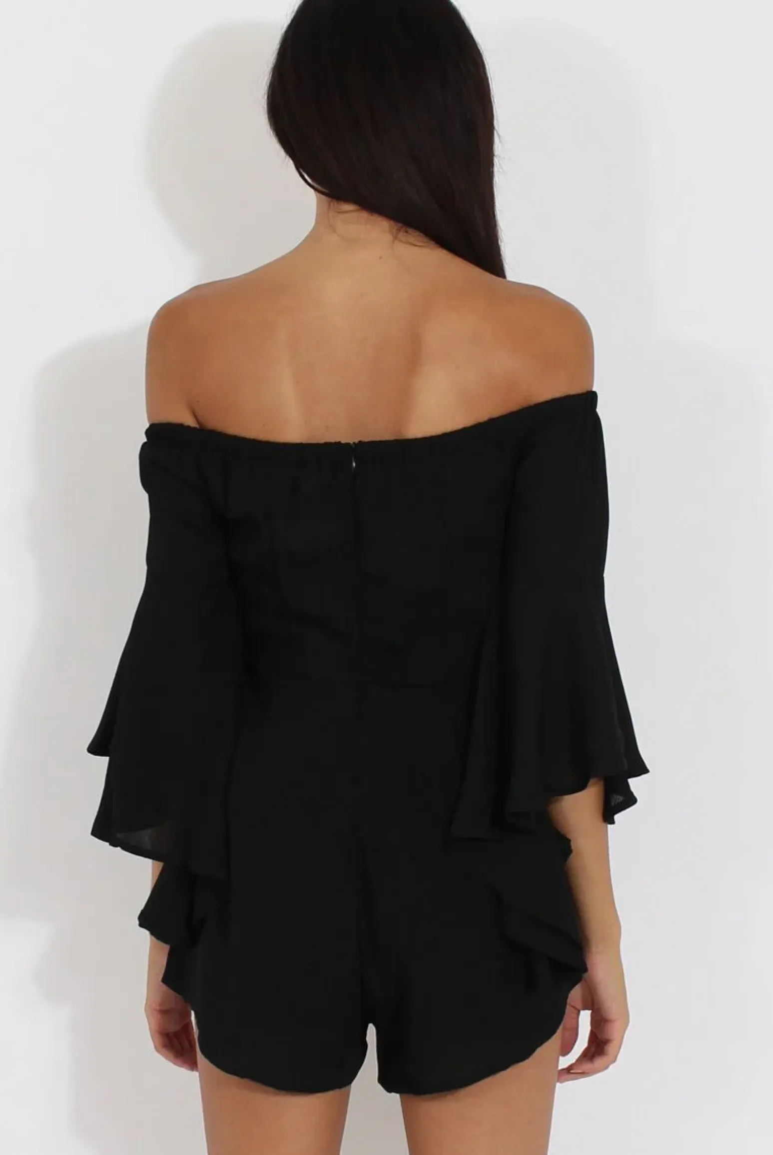 Rebellious Fashion Black Bardot Cropped Bell Sleeve Playsuit - Fabiana