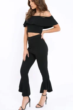 Rebellious Fashion Black Bardot Crop Top And Dip Hem Trousers Co-ord Set - Alexiah
