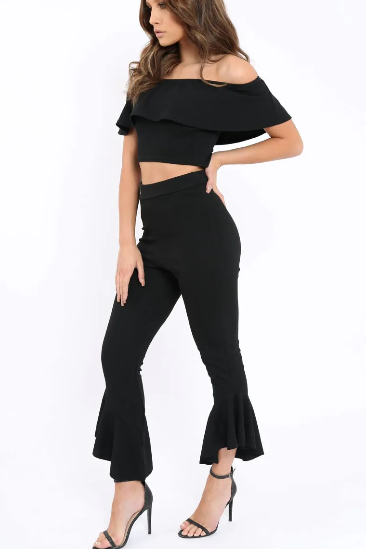 Rebellious Fashion Black Bardot Crop Top And Dip Hem Trousers Co-ord Set - Alexiah