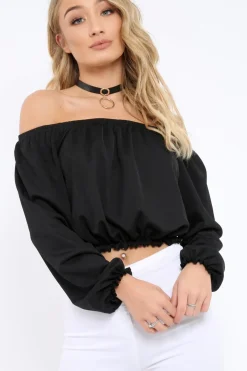 Rebellious Fashion Black Bardot Crop Top - Brooke