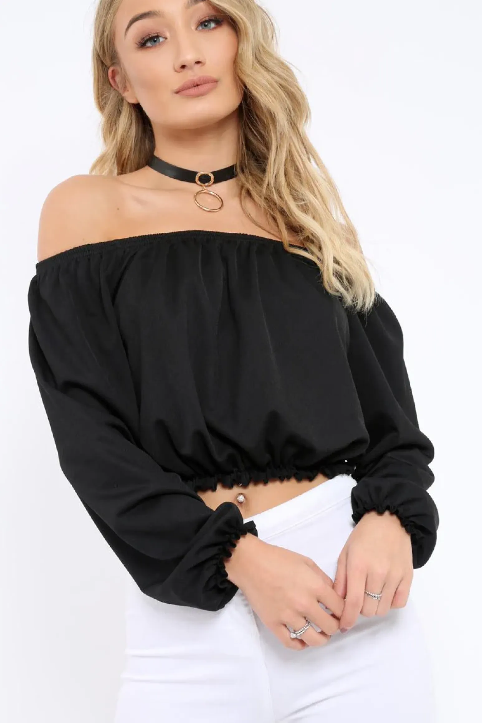 Rebellious Fashion Black Bardot Crop Top - Brooke