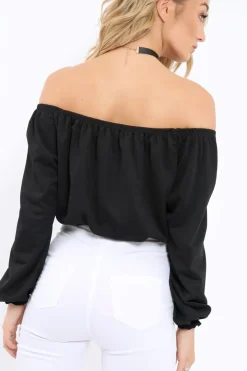 Rebellious Fashion Black Bardot Crop Top - Brooke