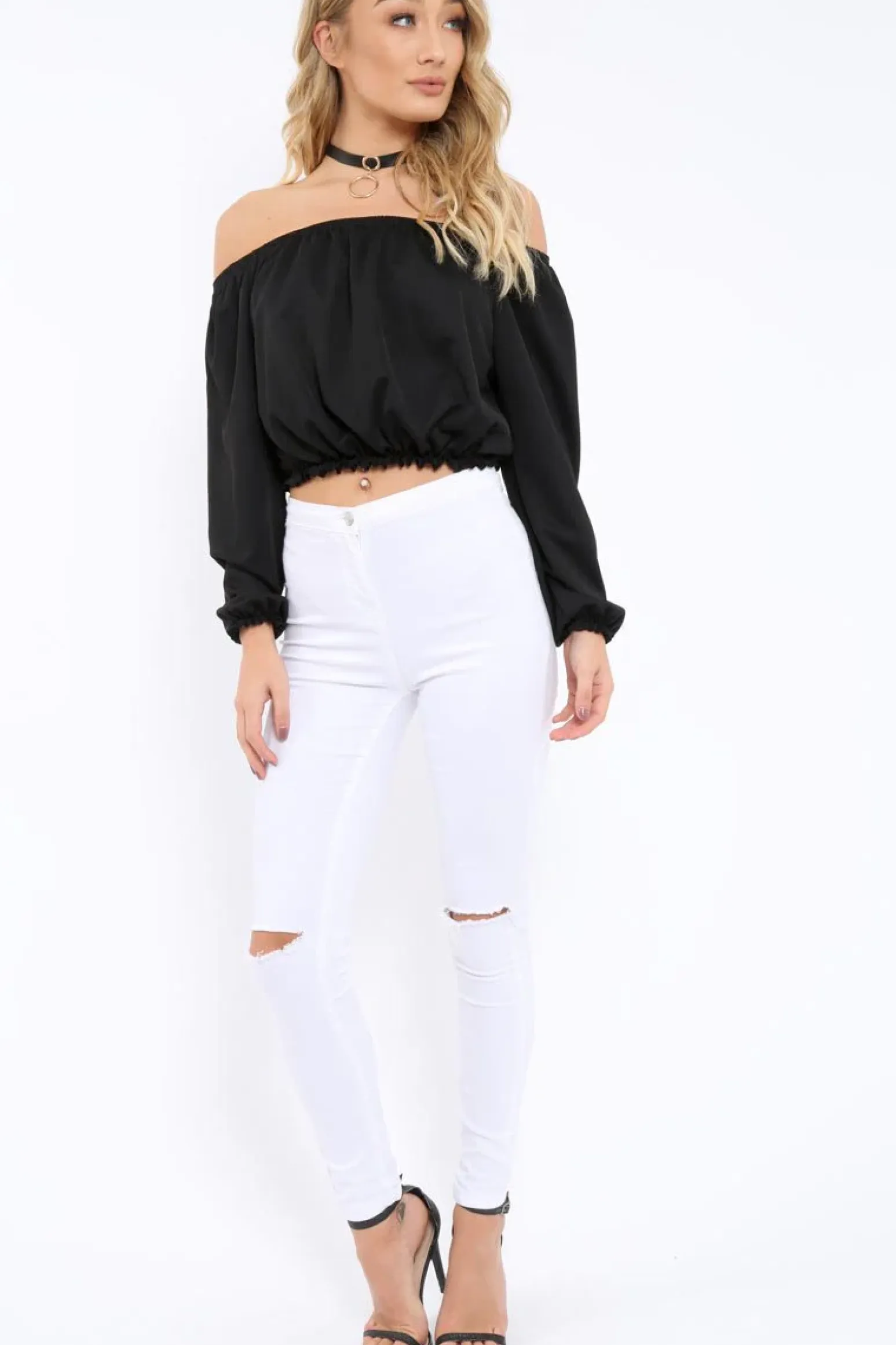 Rebellious Fashion Black Bardot Crop Top - Brooke