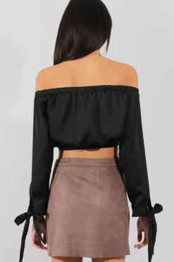 Rebellious Fashion Black Bardot Crop Top - Sasha