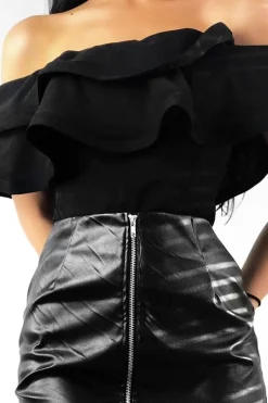 Rebellious Fashion Black Bardot Extreme Frill Bodysuit - Diandra