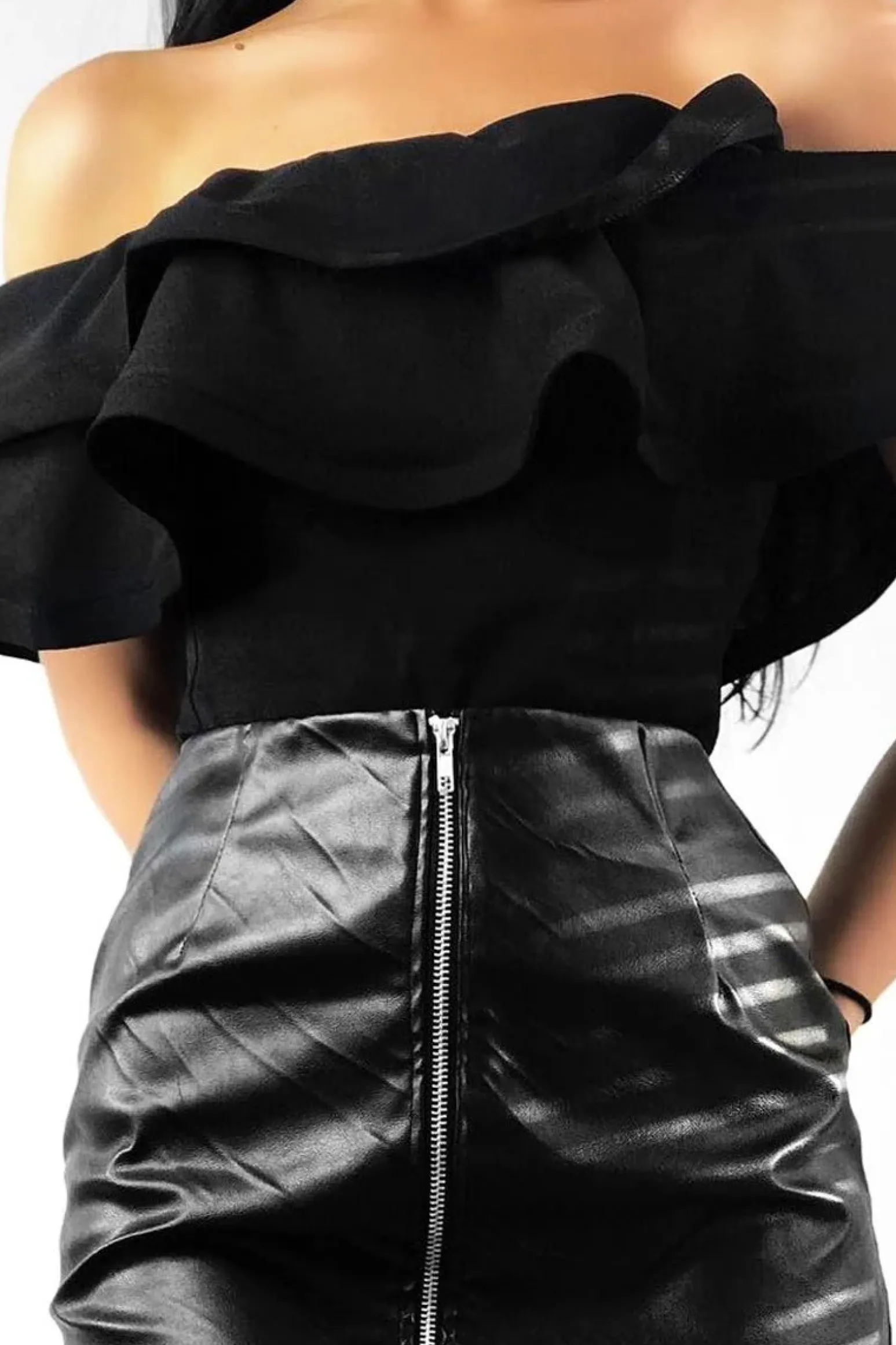Rebellious Fashion Black Bardot Extreme Frill Bodysuit - Diandra