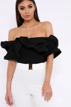 Rebellious Fashion Black Bardot Extreme Frill Bodysuit - Diandra