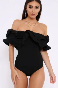 Rebellious Fashion Black Bardot Extreme Frill Bodysuit - Diandra