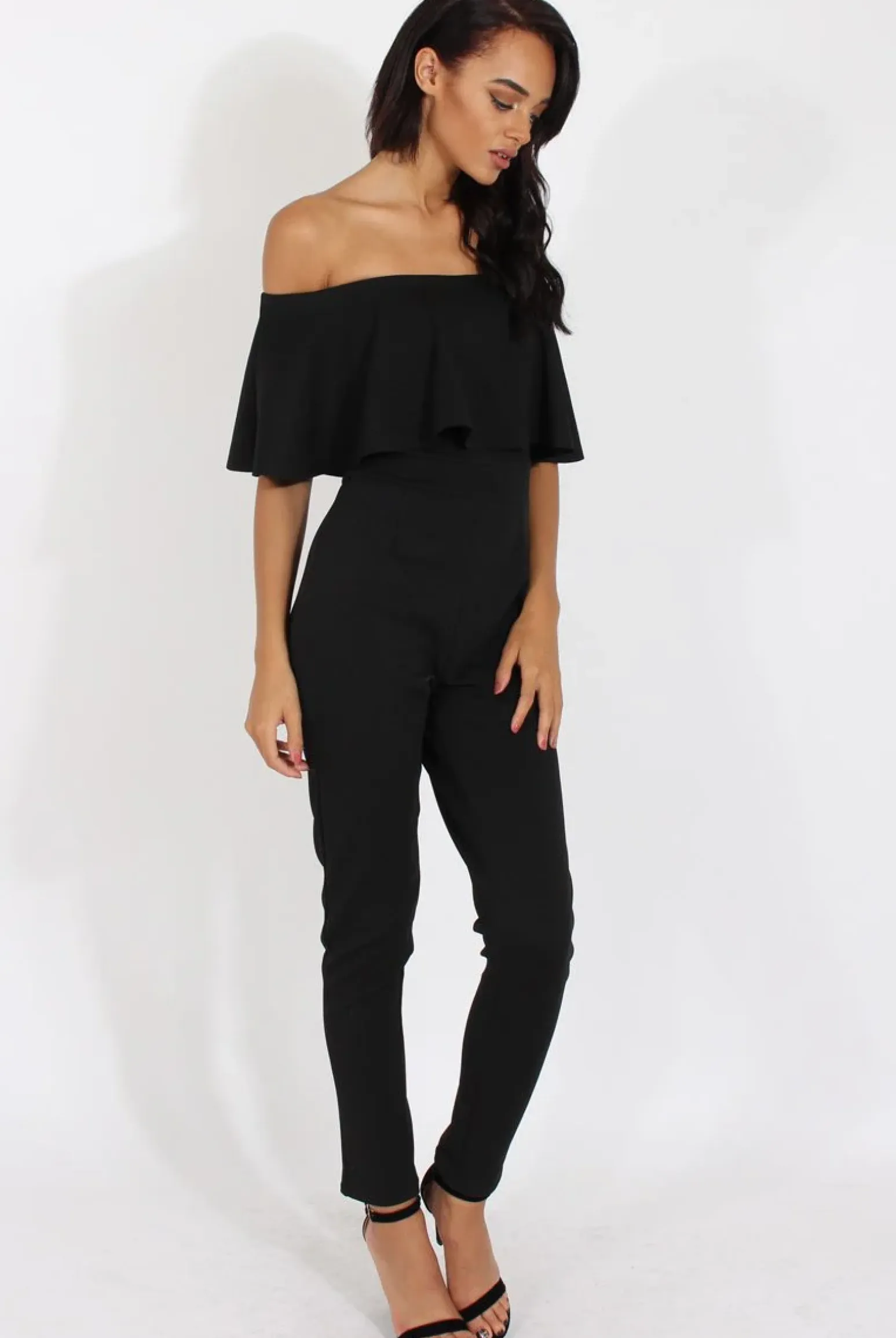 Rebellious Fashion Black Bardot Fitted Jumpsuit - Bridget