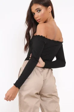 Rebellious Fashion Black bardot frill bodysuit - Kari