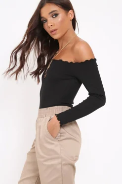 Rebellious Fashion Black bardot frill bodysuit - Kari