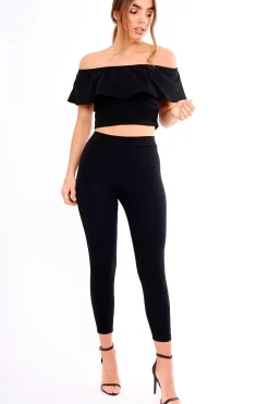 Rebellious Fashion Black Bardot Frill Co-ord - Kammie