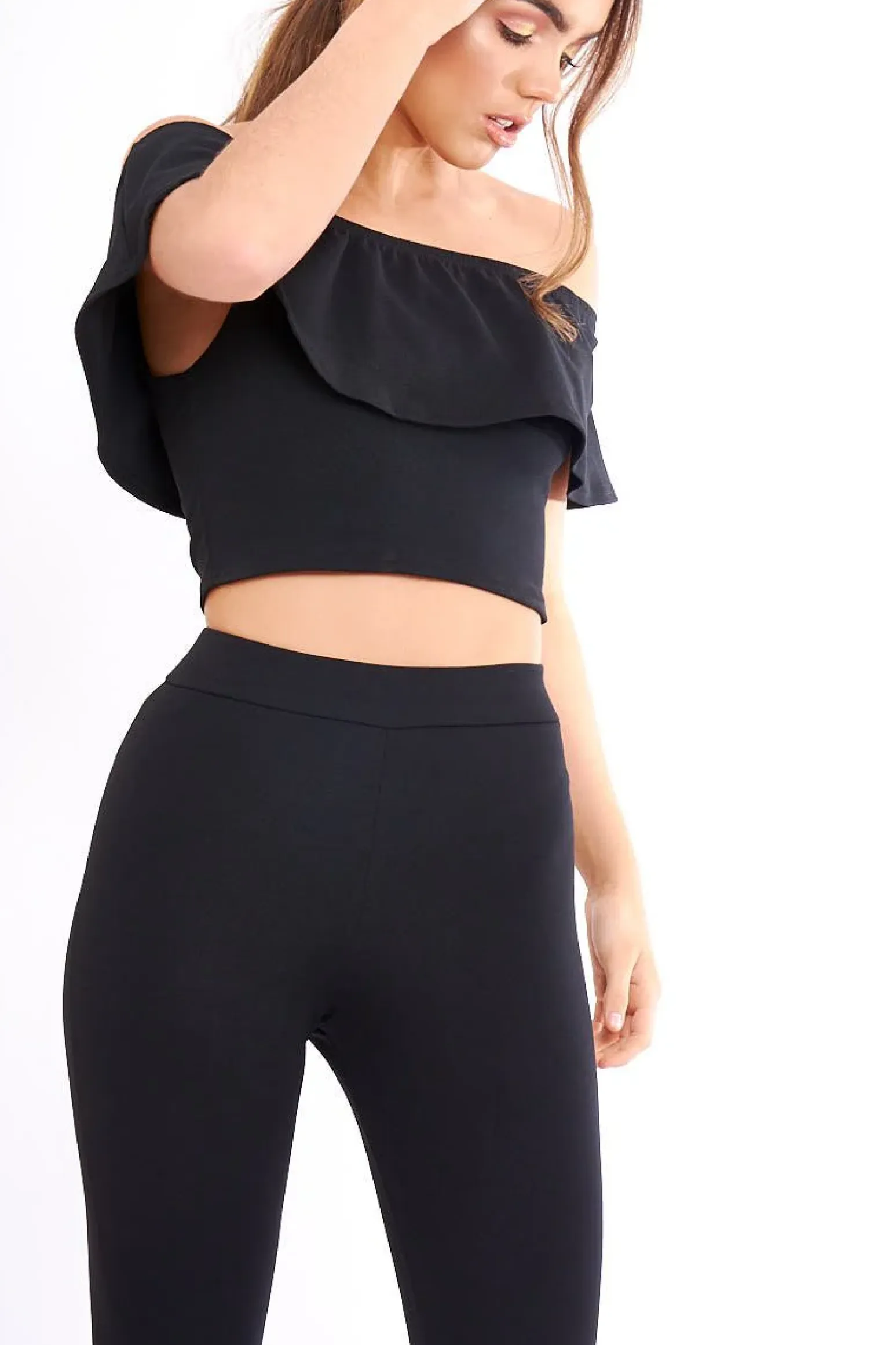 Rebellious Fashion Black Bardot Frill Co-ord - Kammie