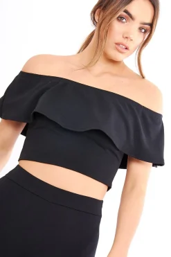 Rebellious Fashion Black Bardot Frill Co-ord - Kammie