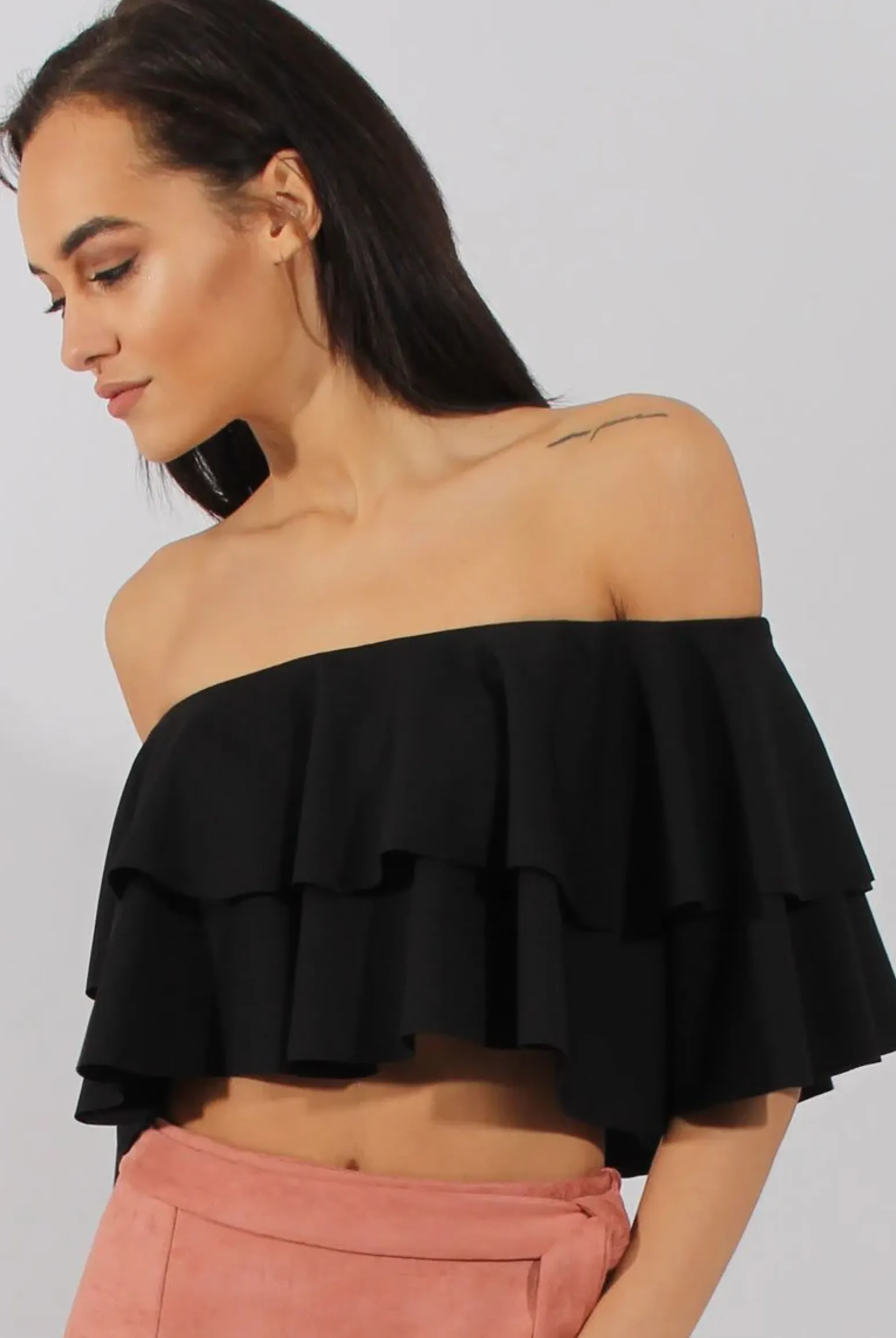 Rebellious Fashion Black Bardot Frill Crop Top - Flissy