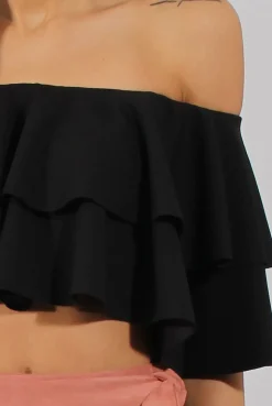 Rebellious Fashion Black Bardot Frill Crop Top - Flissy