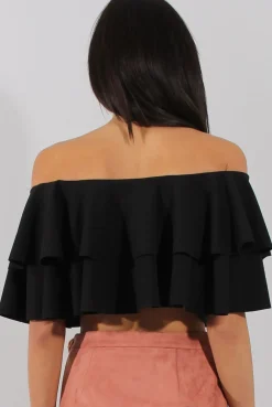 Rebellious Fashion Black Bardot Frill Crop Top - Flissy