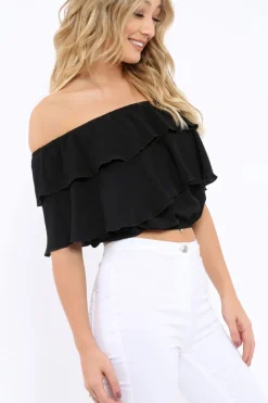 Rebellious Fashion Black Bardot Frill Crop Top - Laila