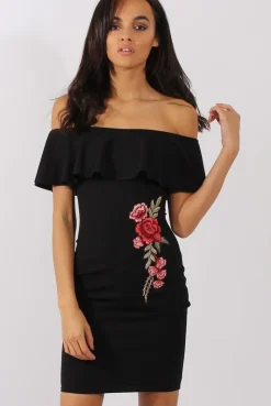 Rebellious Fashion Black Bardot Frill Embroidered Dress - Jasmine