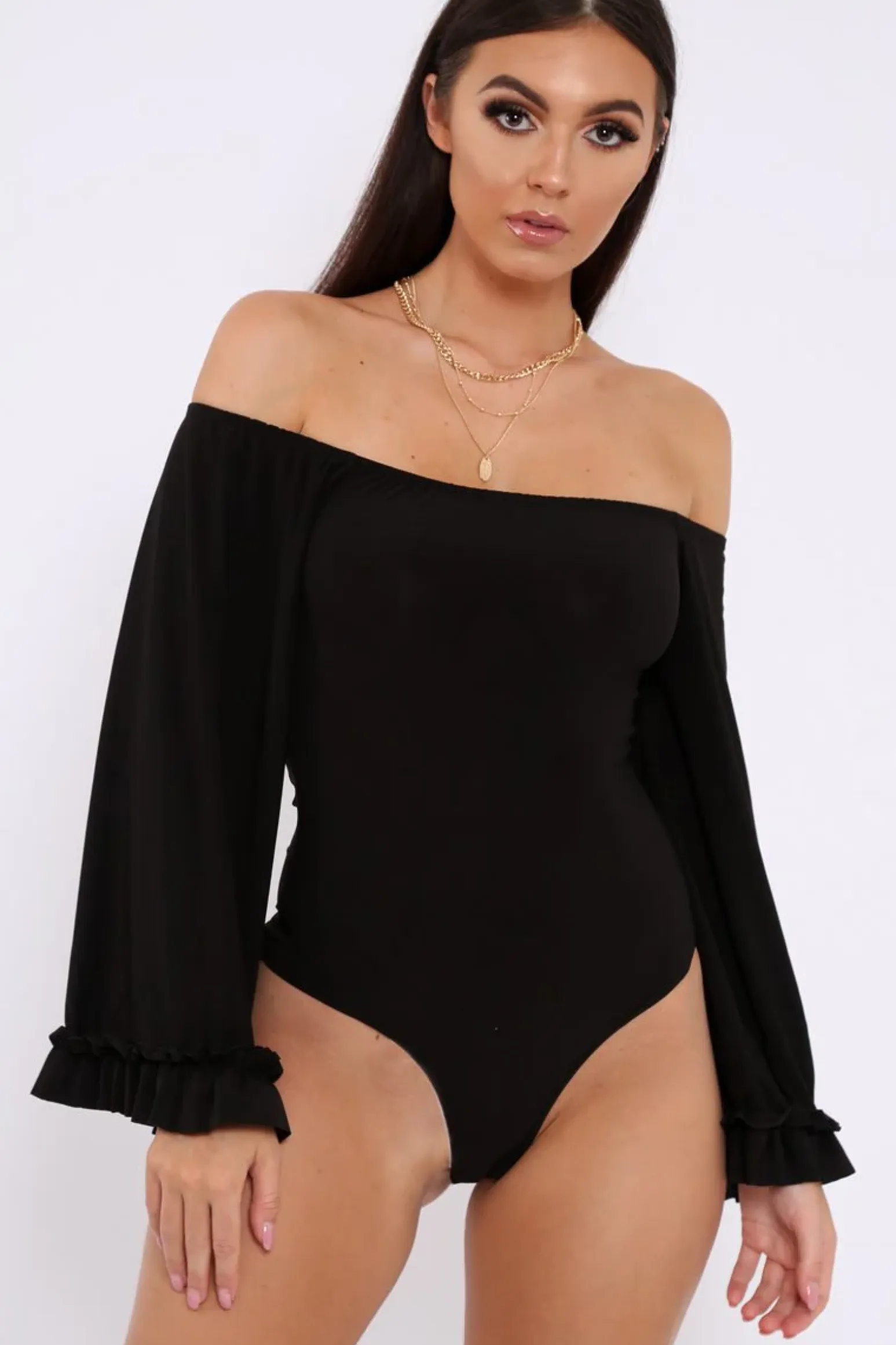 Rebellious Fashion Black Bardot Frill Flare Sleeve Bodysuit - Sofiya