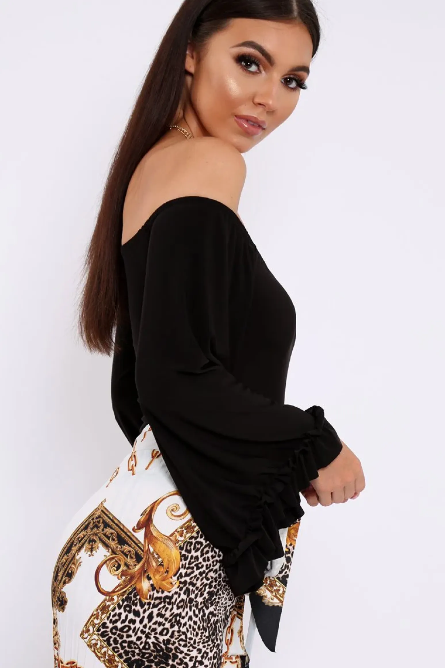 Rebellious Fashion Black Bardot Frill Flare Sleeve Bodysuit - Sofiya
