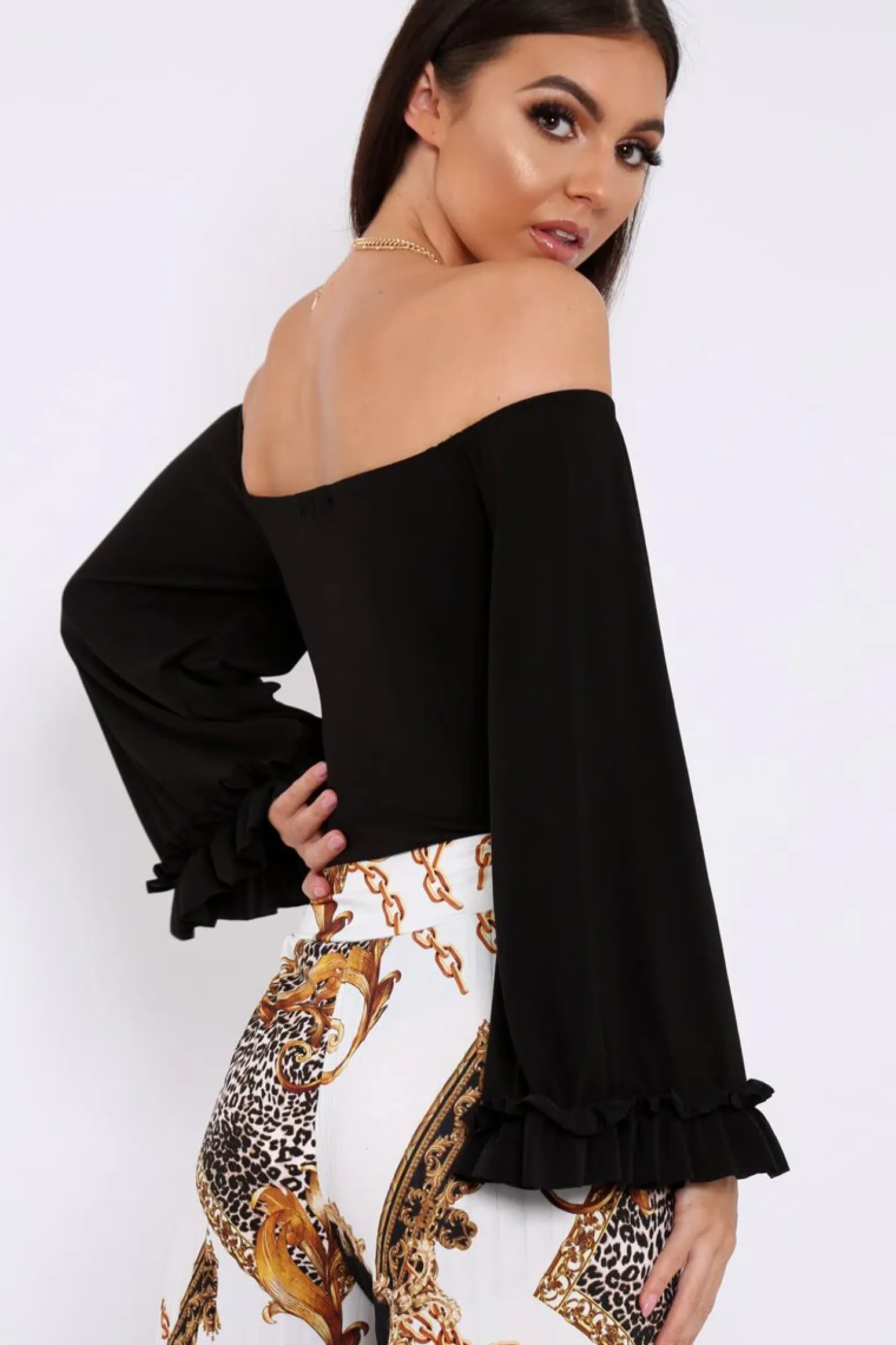 Rebellious Fashion Black Bardot Frill Flare Sleeve Bodysuit - Sofiya