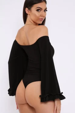 Rebellious Fashion Black Bardot Frill Flare Sleeve Bodysuit - Sofiya