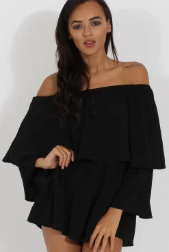 Rebellious Fashion Black Bardot Frill Layer Playsuit - Ema