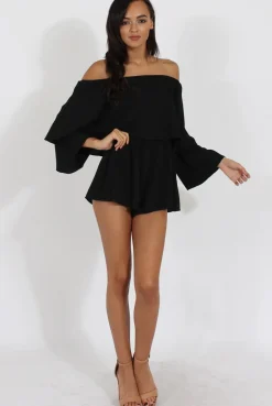 Rebellious Fashion Black Bardot Frill Layer Playsuit - Ema