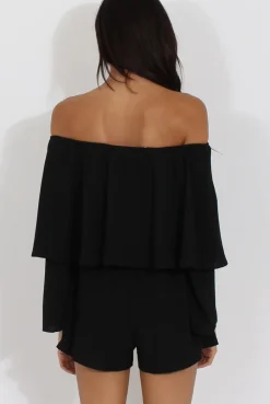 Rebellious Fashion Black Bardot Frill Layer Playsuit - Ema