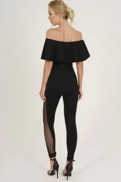Rebellious Fashion Black Bardot Frill Mesh Sides Jumpsuit - Bronwyn