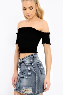 Rebellious Fashion Black Bardot Frill Shirred Crop Top - Kailah