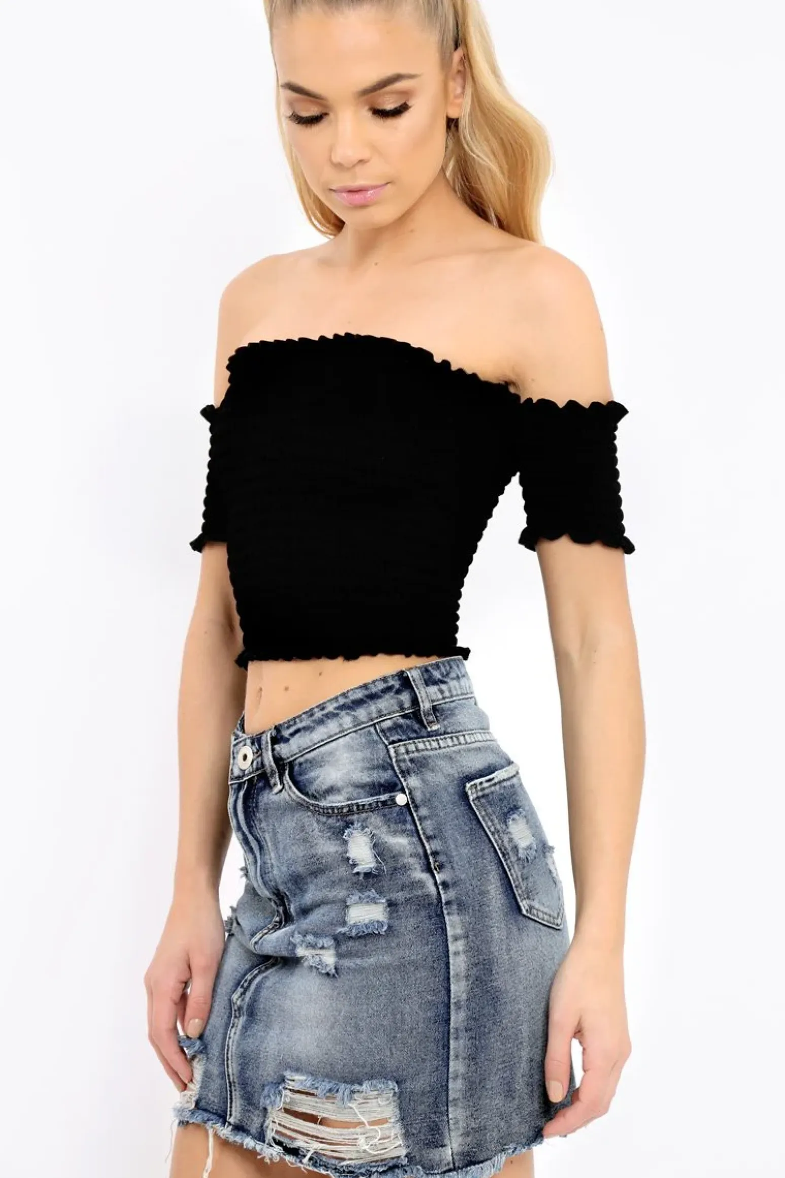 Rebellious Fashion Black Bardot Frill Shirred Crop Top - Kailah